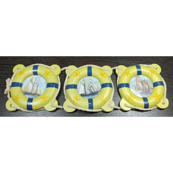 Nautical Wooden Lifebuoy Wall Hangings With Sailboat Designs Set Of 3 Vintage - Picture 1 of 9
